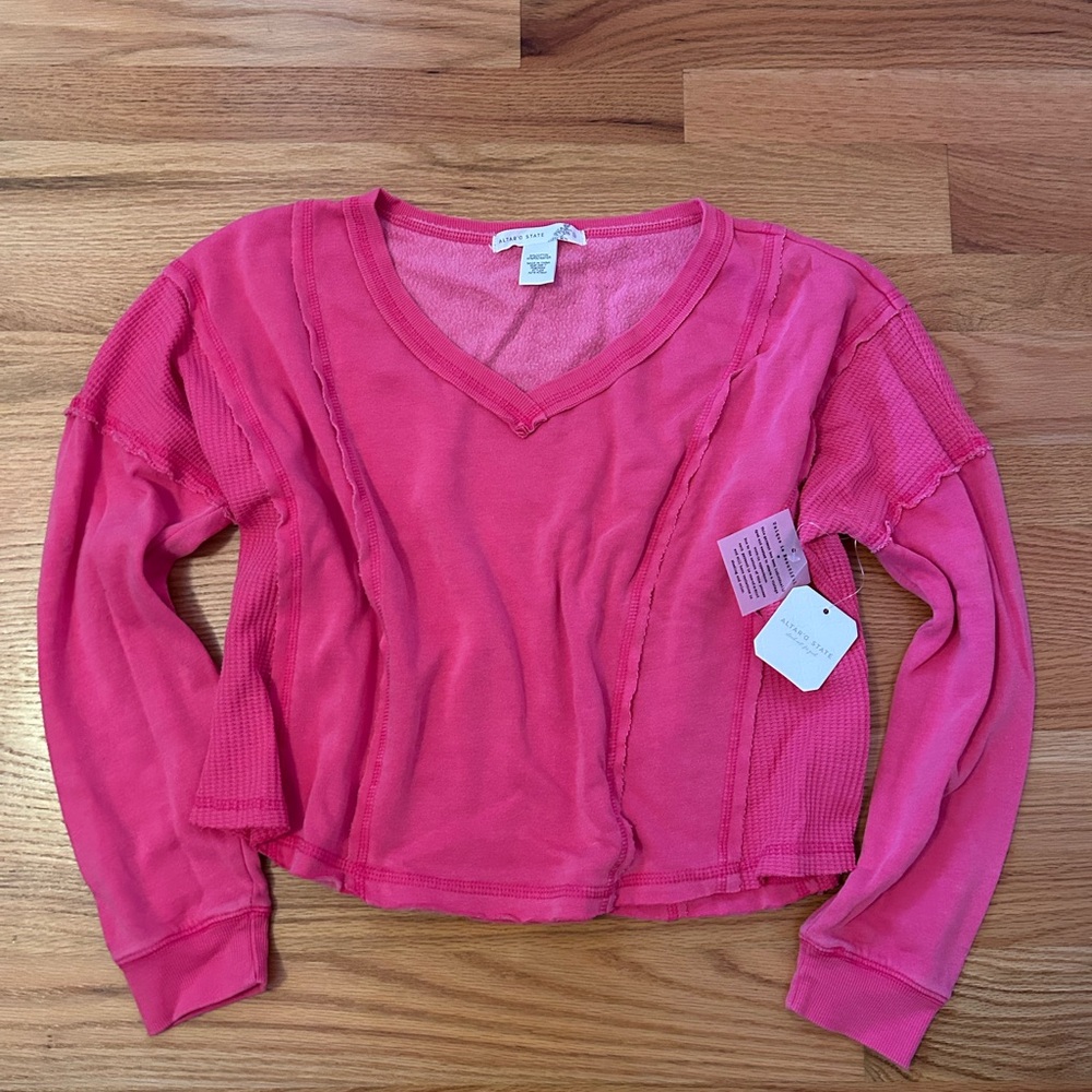 Altar'd State Vintage V Neck Sweatshirt in Raspberry Sorbet